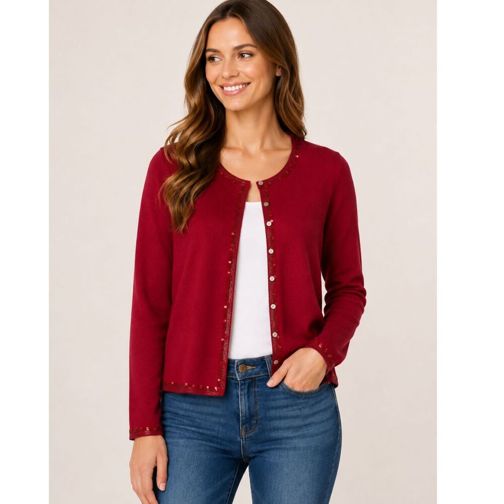 SUSAN BRISTOL Vintage Sweater Cardigan Embellished RED Silk/Wool Sz S